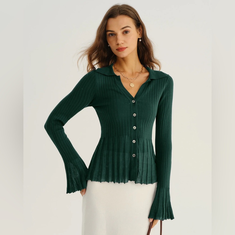 Green V-Neck Bell Sleeve Knit Cardigan